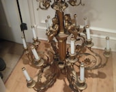 Vintage Chic Gold Metal Cherub Chandelier Tole Angel Flowers Floral Ceiling 12 Light Shabby