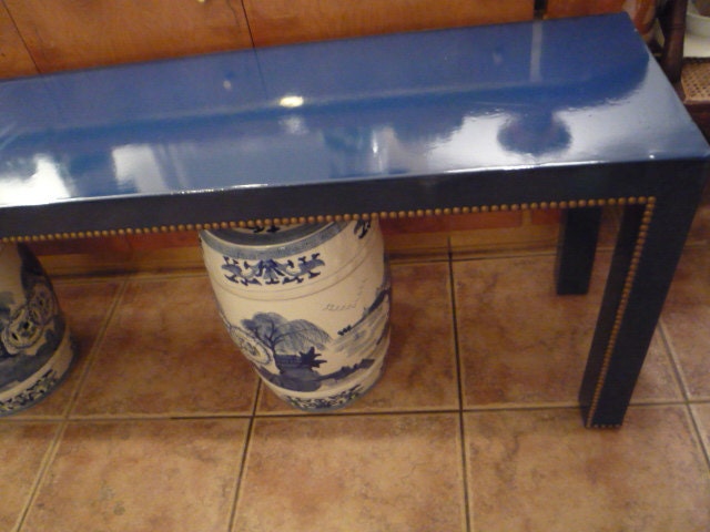 Vintage Console Sofa Couch Table Nail head Brass Blue Lacquer Fabric Wrapped Hollywood Regency Mid Century Modern Retro Foyer Palm Beach