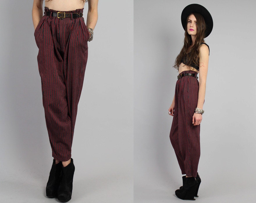 Vtg 80s 90s Maroon STRIPED Hi Waist Pleated Harem Pants Trousers XS-L
