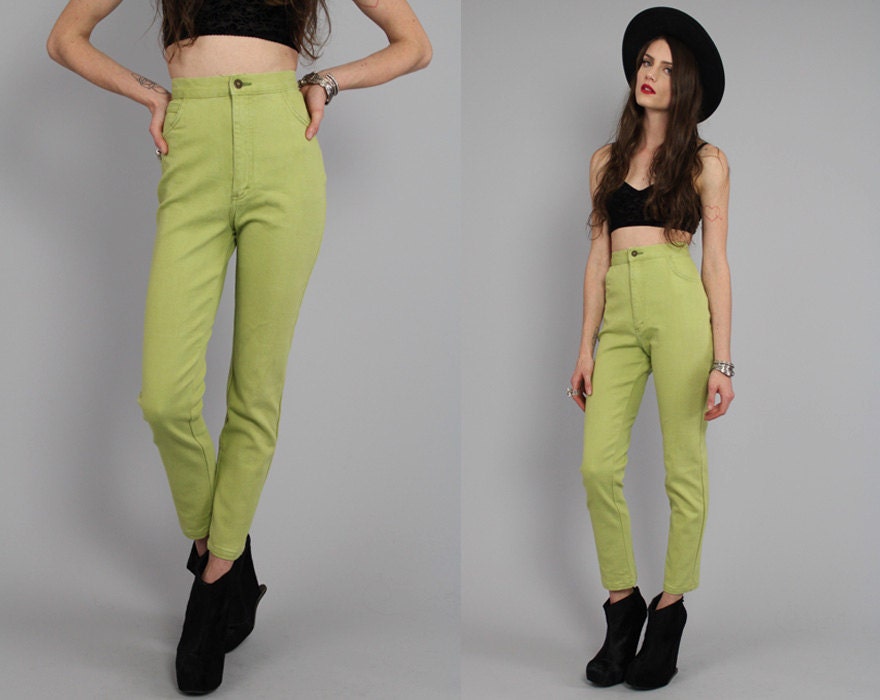 Vtg 80s 90s Lime High Waist Denim Skinny Pants Jeans S-M