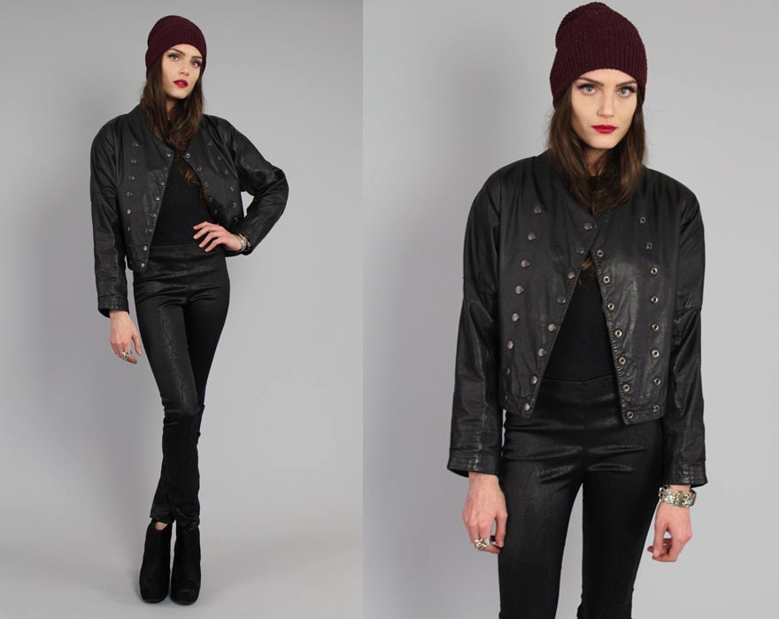 Vtg 80s Black Leather Double Breasted Cafe Racer Biker Jacket S-M