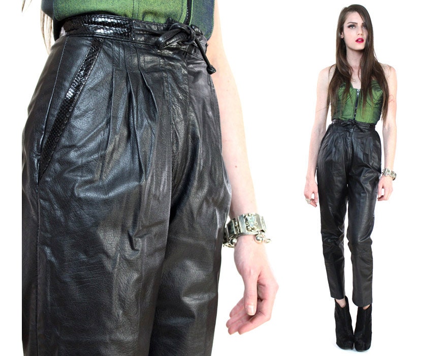 Vintage 80s Black Snakeskin Leather High Waist Pants XS