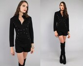 Vtg 60s black mod studded zip up romper playsuit jumper S-M