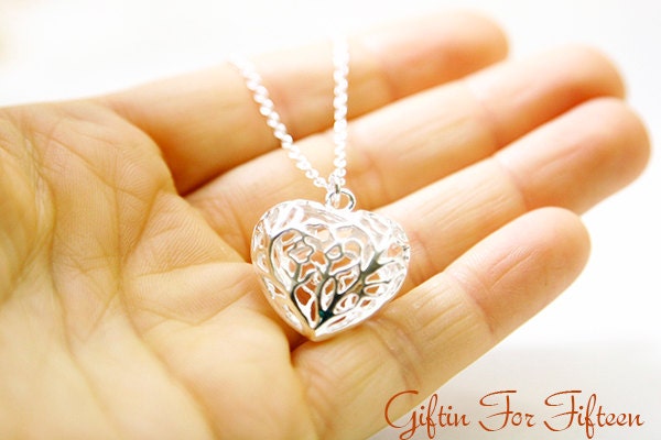Heart Filigree Necklace, Sterling Silver Plated, Elegant, Modern, Minimalist, Simple, Everyday, Wedding Bridal Jewelry, Bridesmaids Gift