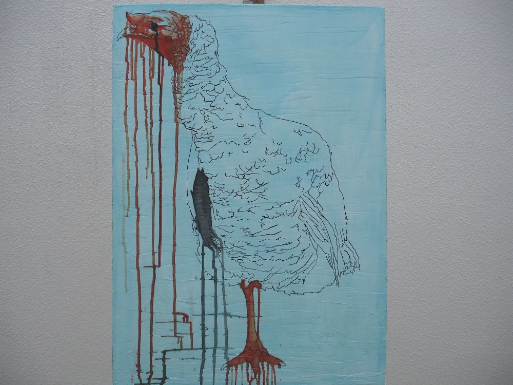 Original blue chicken art sale, expressive chicken painting, Modern art on canvas by Ricardo Machado  (27.56 x 19.7 inches)