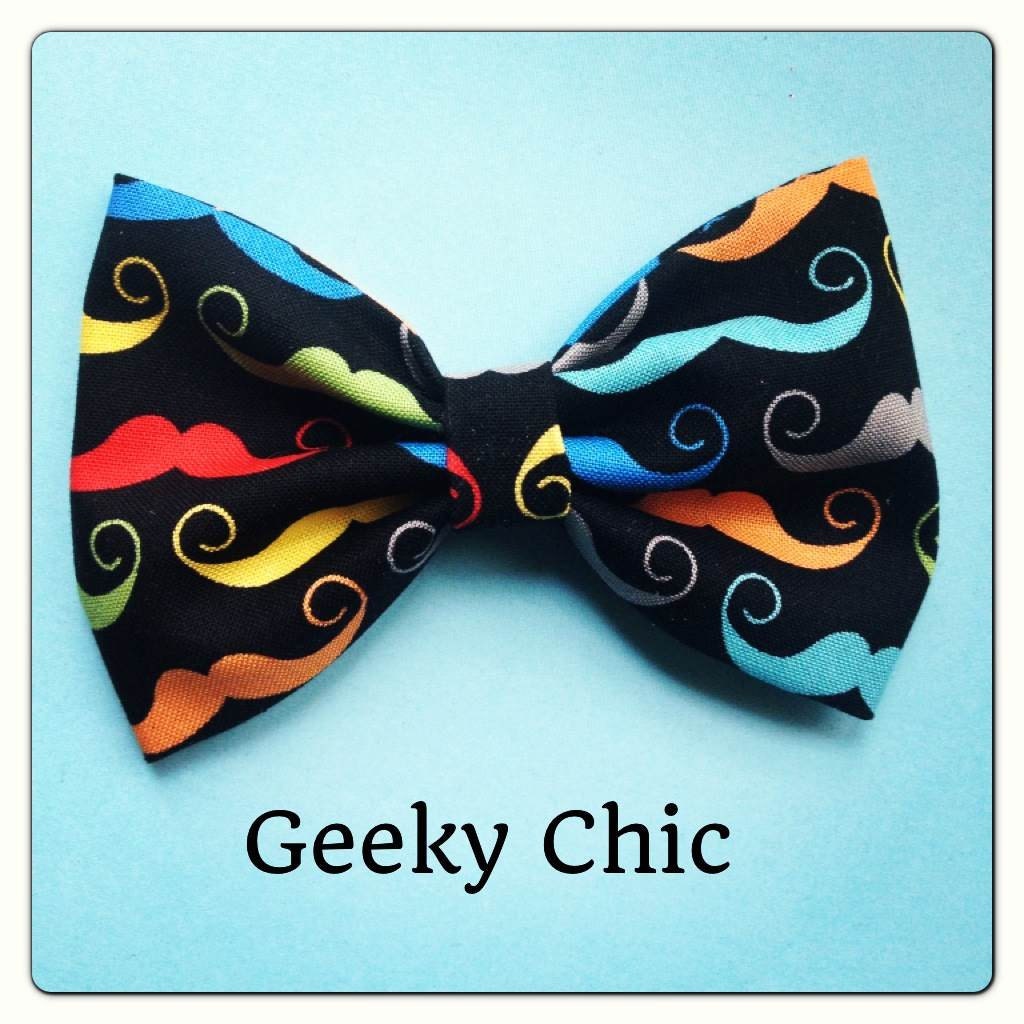Multi colored Mustache print handmade fabric bow tie or hair bow