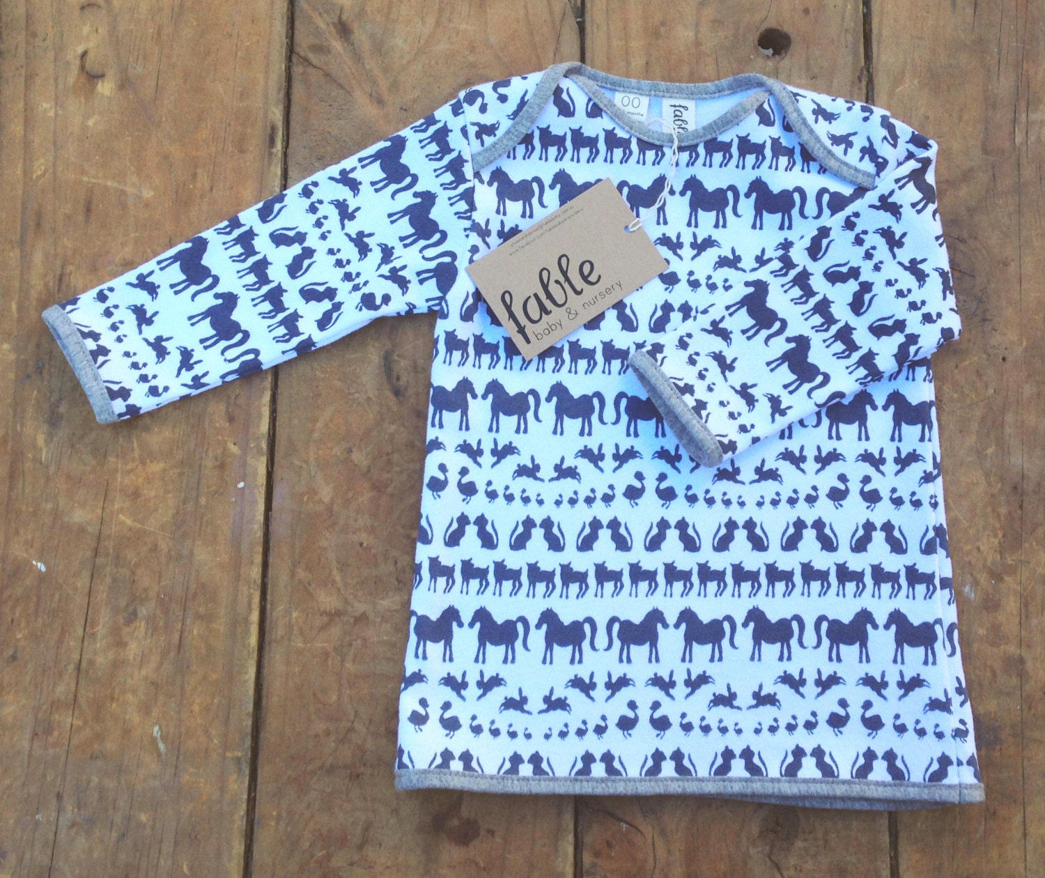 Hand Printed Unisex Long Sleeve Baby Top in Organic Cotton - Navy Animals on White