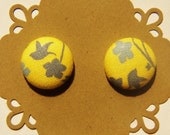 Yellow and Grey Flower Button Earrings - Fabric Button Earrings - Spring Earrings - Hypoallergenic - Stud Earrings