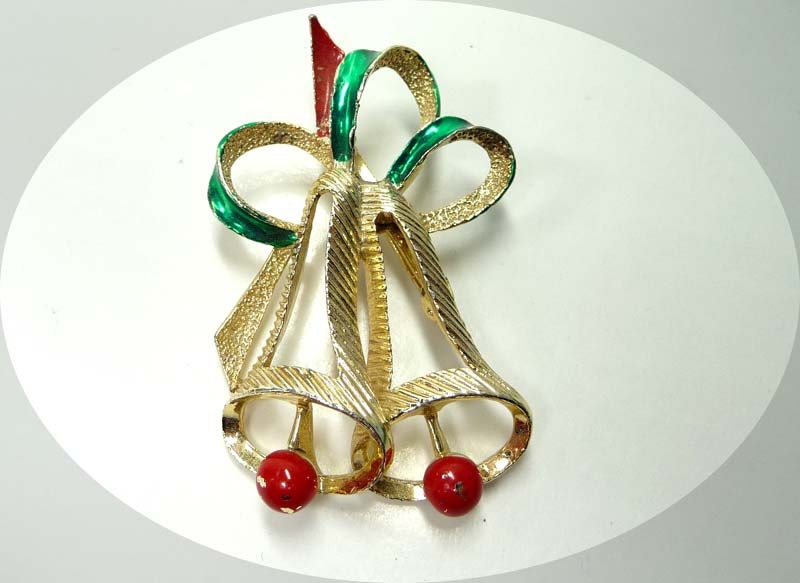 Vintage Gold Tone & Enamel Christmas Bell Brooch by Gerrys