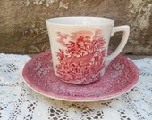 Tea Cup and Saucer - Red Transferware - J G Meakin MERRIE ENGLAND - Ironstone - England
