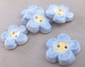Ceramic pottery buttons blue and yellow flower flatback powder blue baby blue button