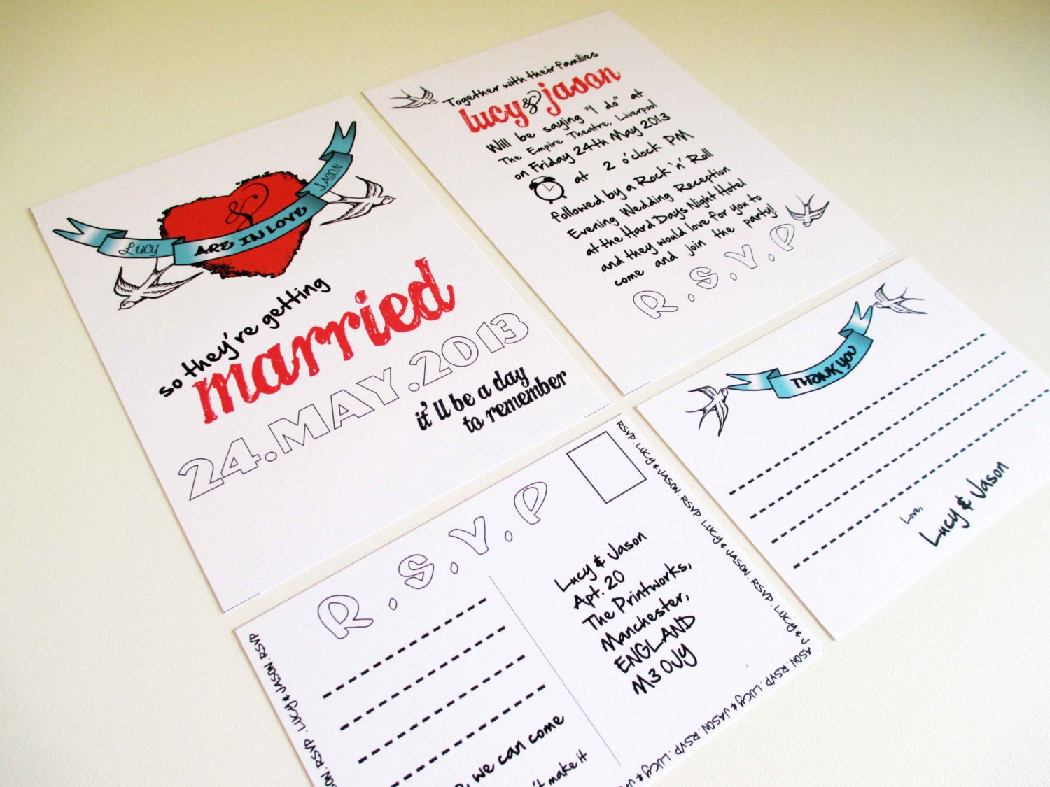 PRINTABLE Rockabilly Swallows Wedding Stationery Suite, Set of 4