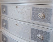 Beautiful Vintage French Provincial  Grey & Cottage White Embossed Dresser / Chest of Drawers