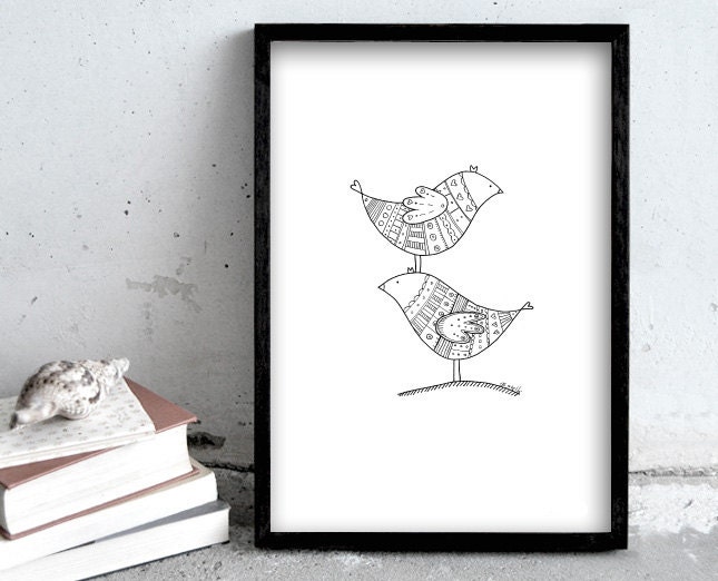 A3 pen drawing, 30x40 Birds together, black and white print, love birds, large wall art print, wall decoration