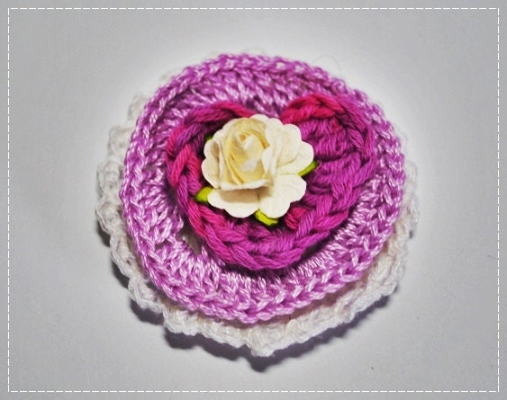 White lilac and pink heart crochet embellishment