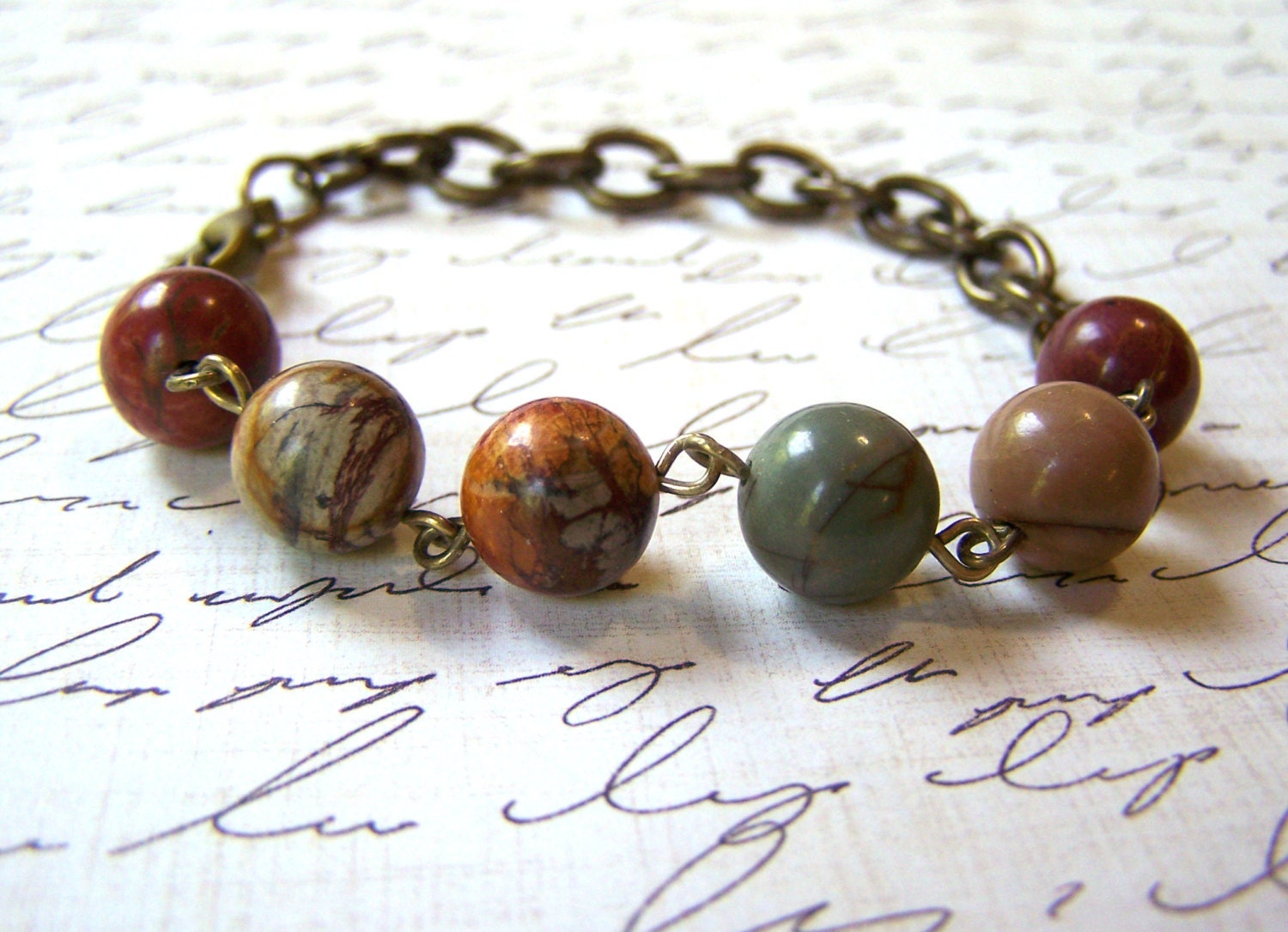 Colorful Picasso Jade Stone Antiqued Brass Half Chain Bronze Beaded Bracelet / Gift for Her