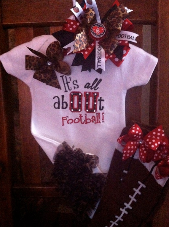 Its All AbOUt Football - Applique Ruffle Butt Onesie, Bow and Leg Warmer Set