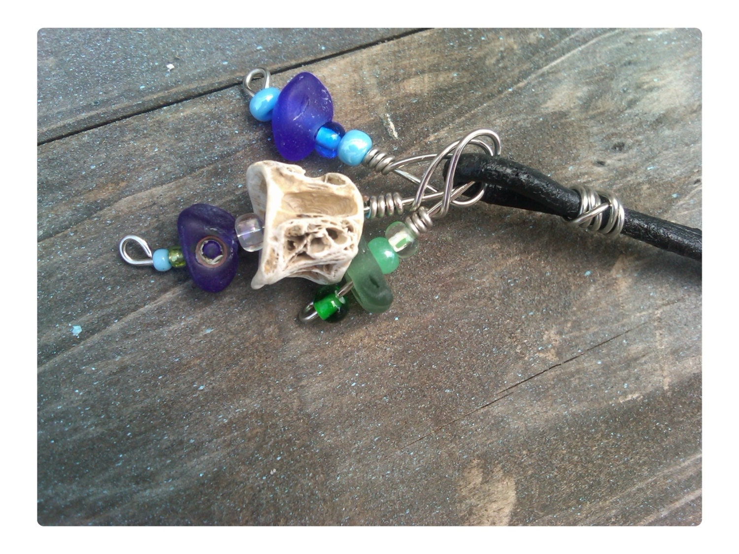 Fish tale...fish bone, beach glass asymmetric necklace