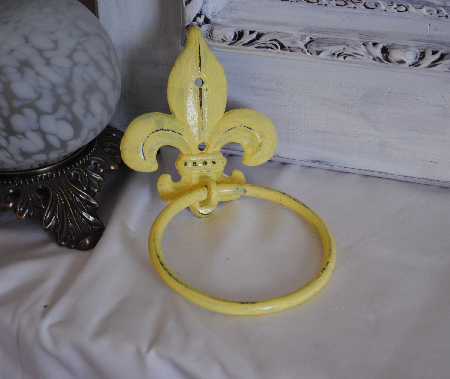 Yellow-Hand Towel Ring - Fleur de lis Holder - Distressed Cast Iron - Bathroom Metal Fixture - Accessory Rack - Shabby Chic