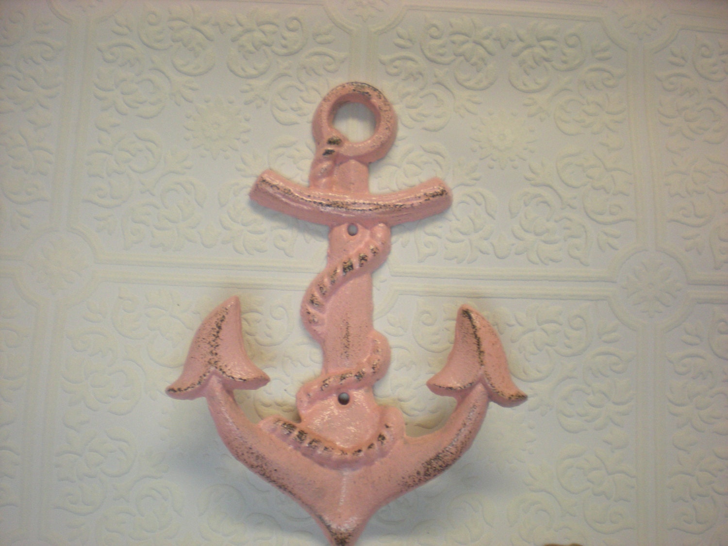 Pale PInk/Cast Iron Anchor Wall Hook / Shabby Chic /Distressed Ornate Hanger /Beach House Decor /Cottage /Bright Decor/