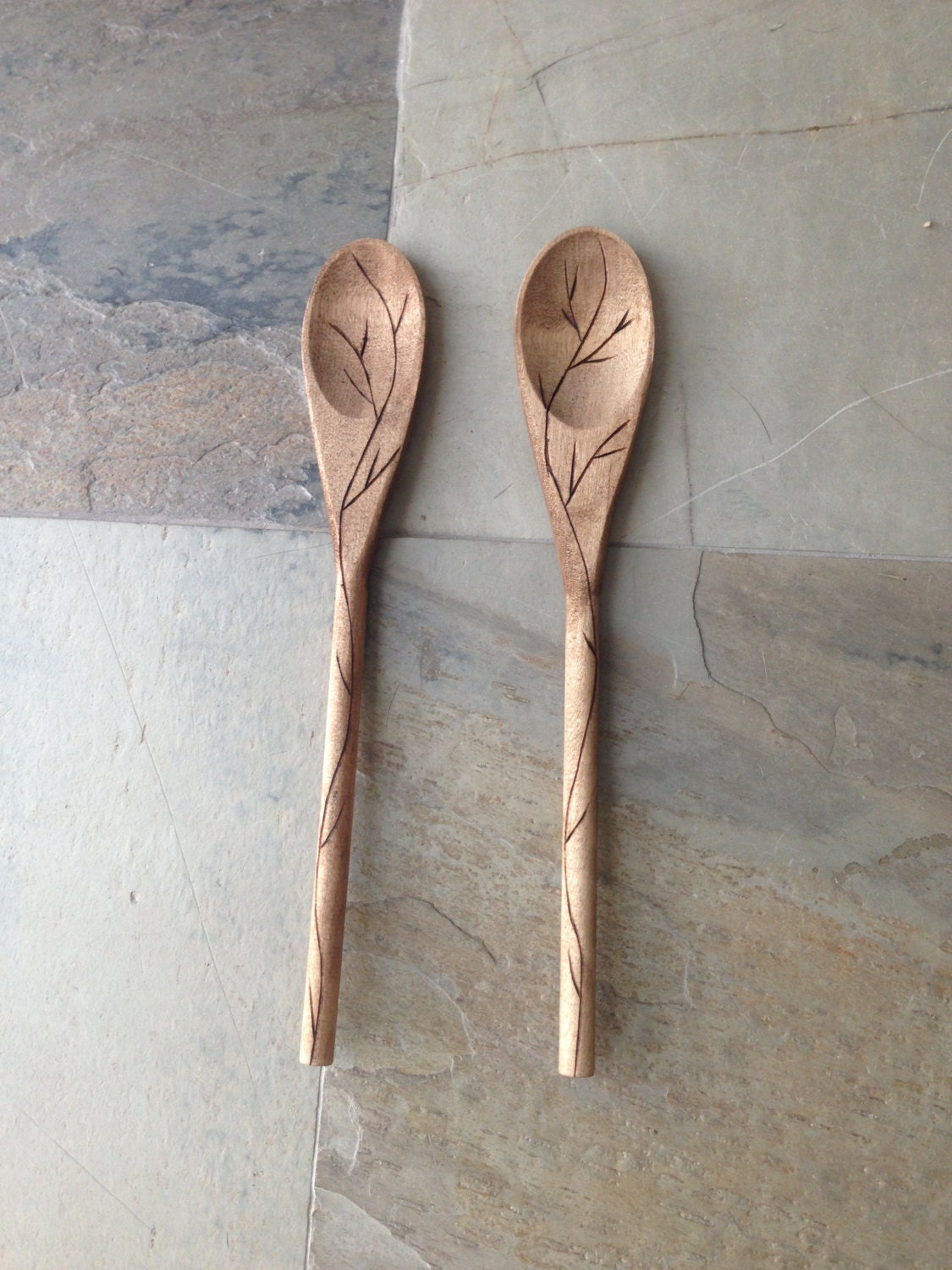 Shabby chic wooden spoons with vine design set of 2