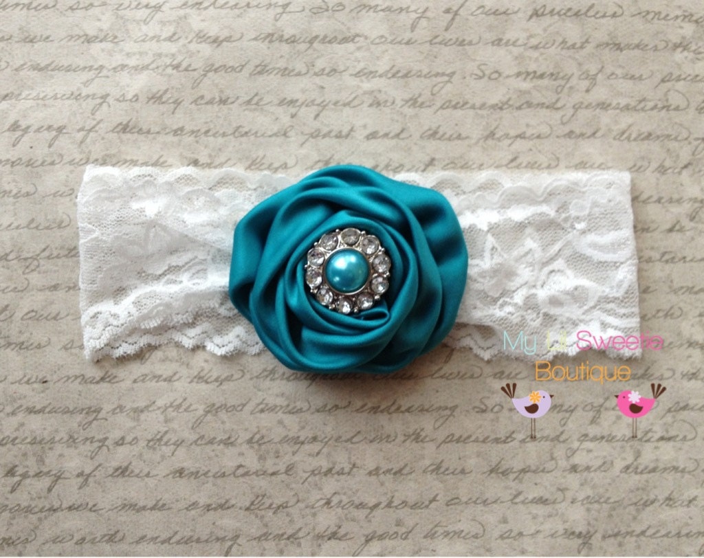Jade headband- dark turquoise lace headband- newborn headband- infant headband- toddler headband- photo prop