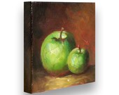 Small Miniature Handpainted Classic Painting of "Pair of Green Apples" - 3" x 3"  - Mini Canvas Stretched by Hand on Wooden Frame, RARE