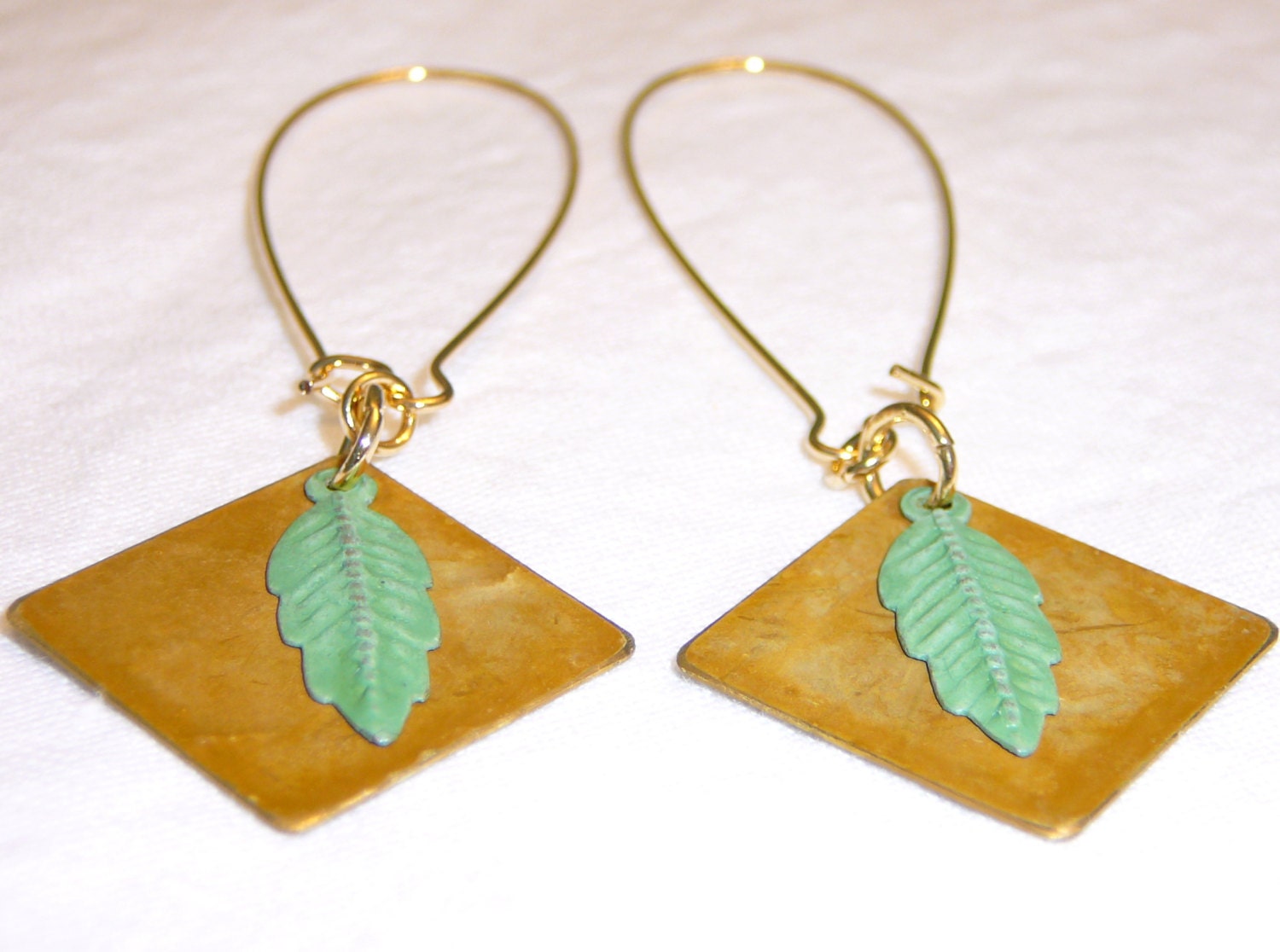Long Gold Earrings with Patina Metalwork. Copper Earrings. Leaf Jewelry. Green Jewelry. Jewelry Sale. Shop Sale.