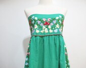 Embroidered Mexican Sundress Cotton Strapless In Green with Lining