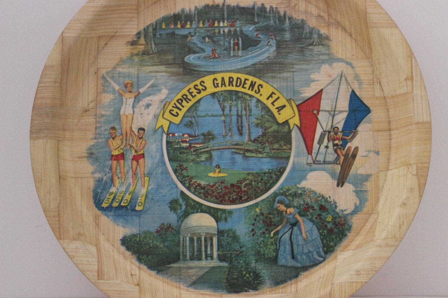 Vintage Florida Cypress Gardens Souvenir Bamboo Tray
