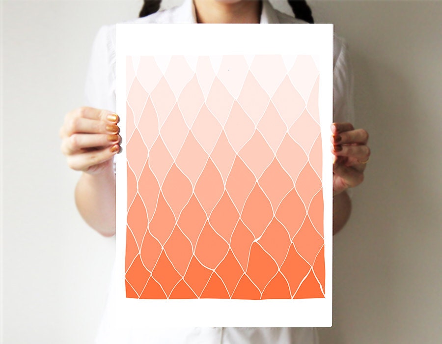 Salmon - Hands drawing base - Geometric print 11"x14" - Abstract art - Coral pink - Ombre