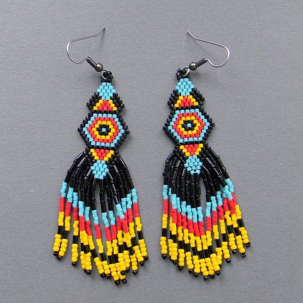 Black, yellow, red and turquoise seed bead earrings - Native American style, dangle long earrings, peyote earrings