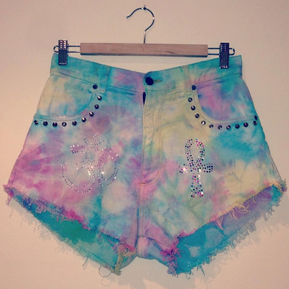 Tie dye high waisted studded denim shorts with embellished arabic symbols