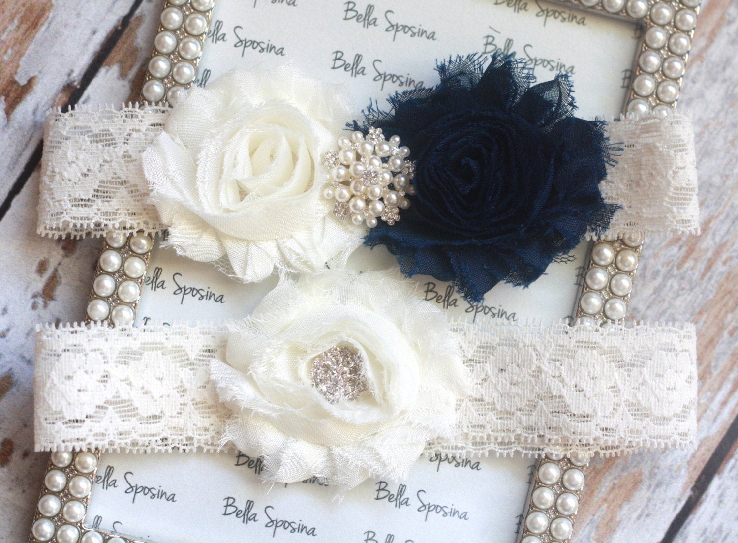 Navy Blue Wedding Garter -  Something Blue Bridal Garter and Toss Garter -  Rhinestone and Pearl