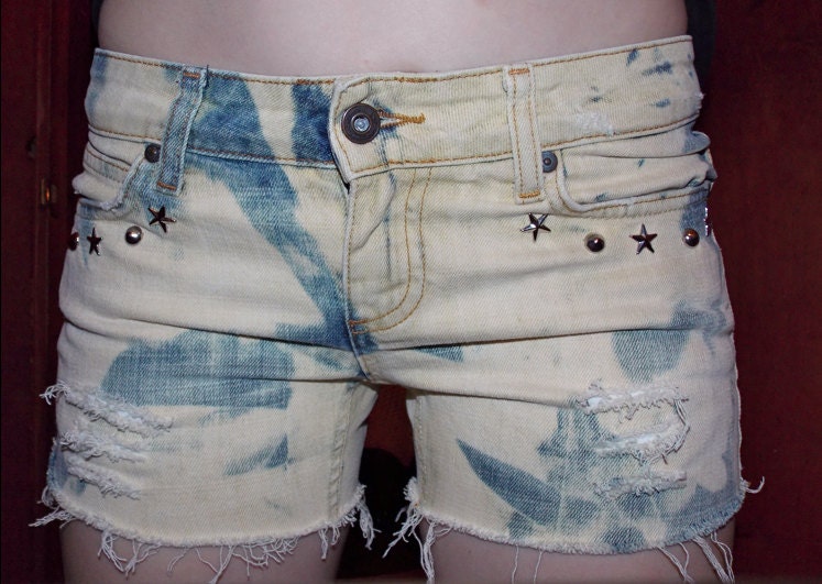 Studded Bleached and Distressed Denim Shorts