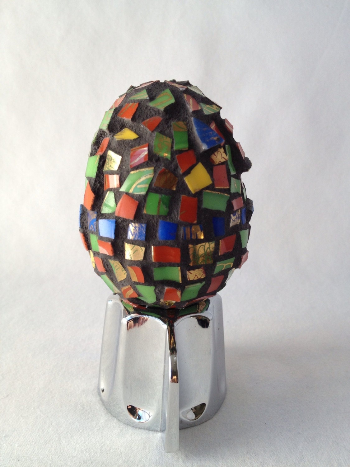 Egg-straordinary Mosaic Easter Egg RE1 w vintage broken china pieces in yellow, lime green, cobalt blue, burnt orange and gold, and w charco