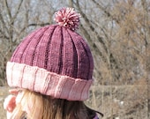 Hand Knit Hat with Pom Pom for Baby, Toddler or Child: Cozy Two-Color Merino Wool Hat
