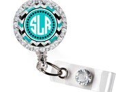 Retractable ID Badge Reel Personalized Bling Rhinestone Turquoise and Black Chevron Badge ID Reel, Nurse Badge Reel, Bling Badge Reel