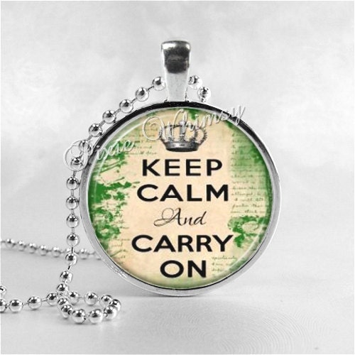 KEEP CALM And Carry On Round Glass Bezel Pendant with Free 24 Inch Necklace Chain, Motivational Jewelry
