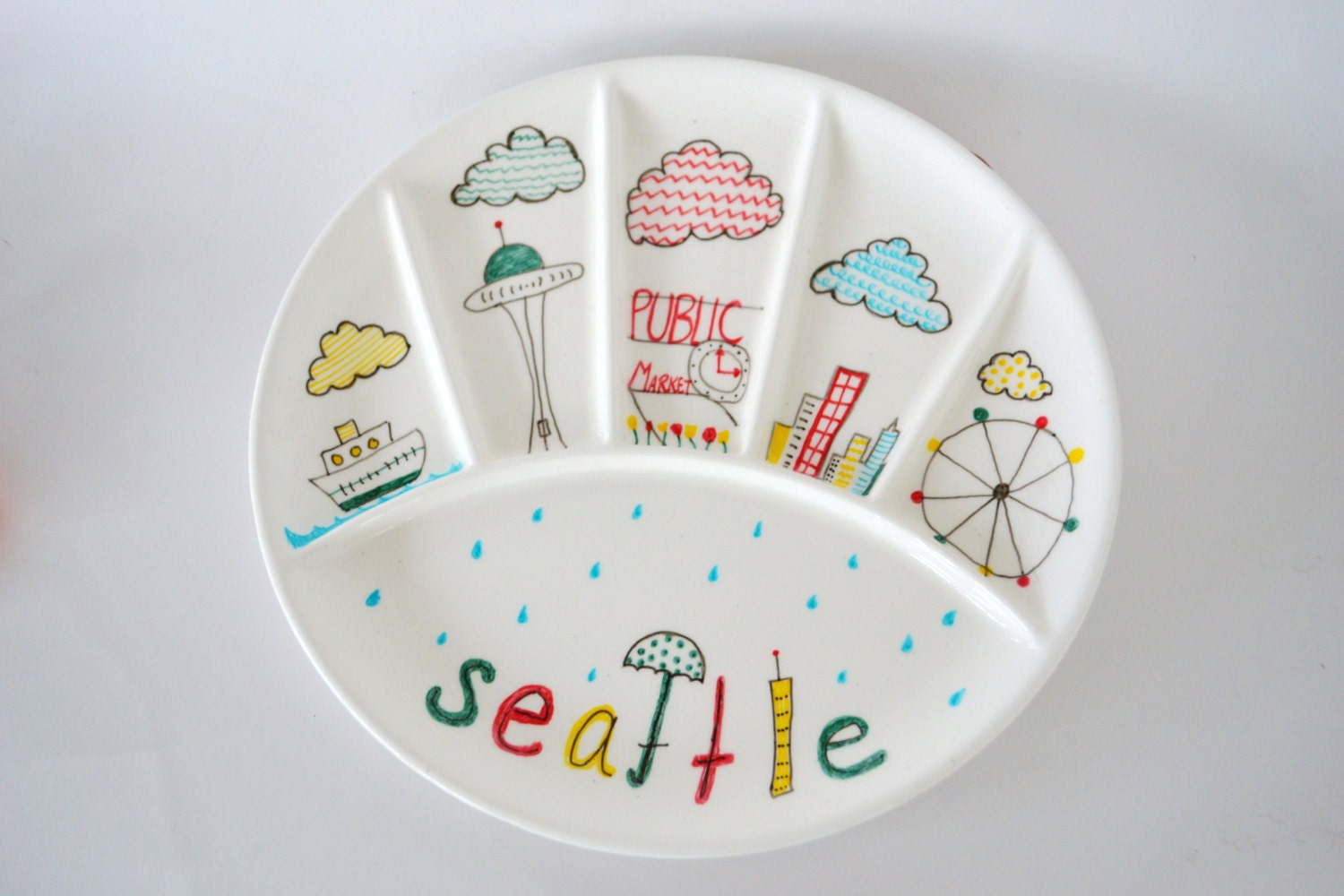 Recycled Plate: Seattle Skyline - Reclaimed Divided Plate Hand Painted with Seattle Skyline Stuff