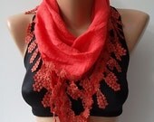 Cotton Scarf - Cowl with Lace Edge Coral - Bridesmaids Gifts--Mothers day