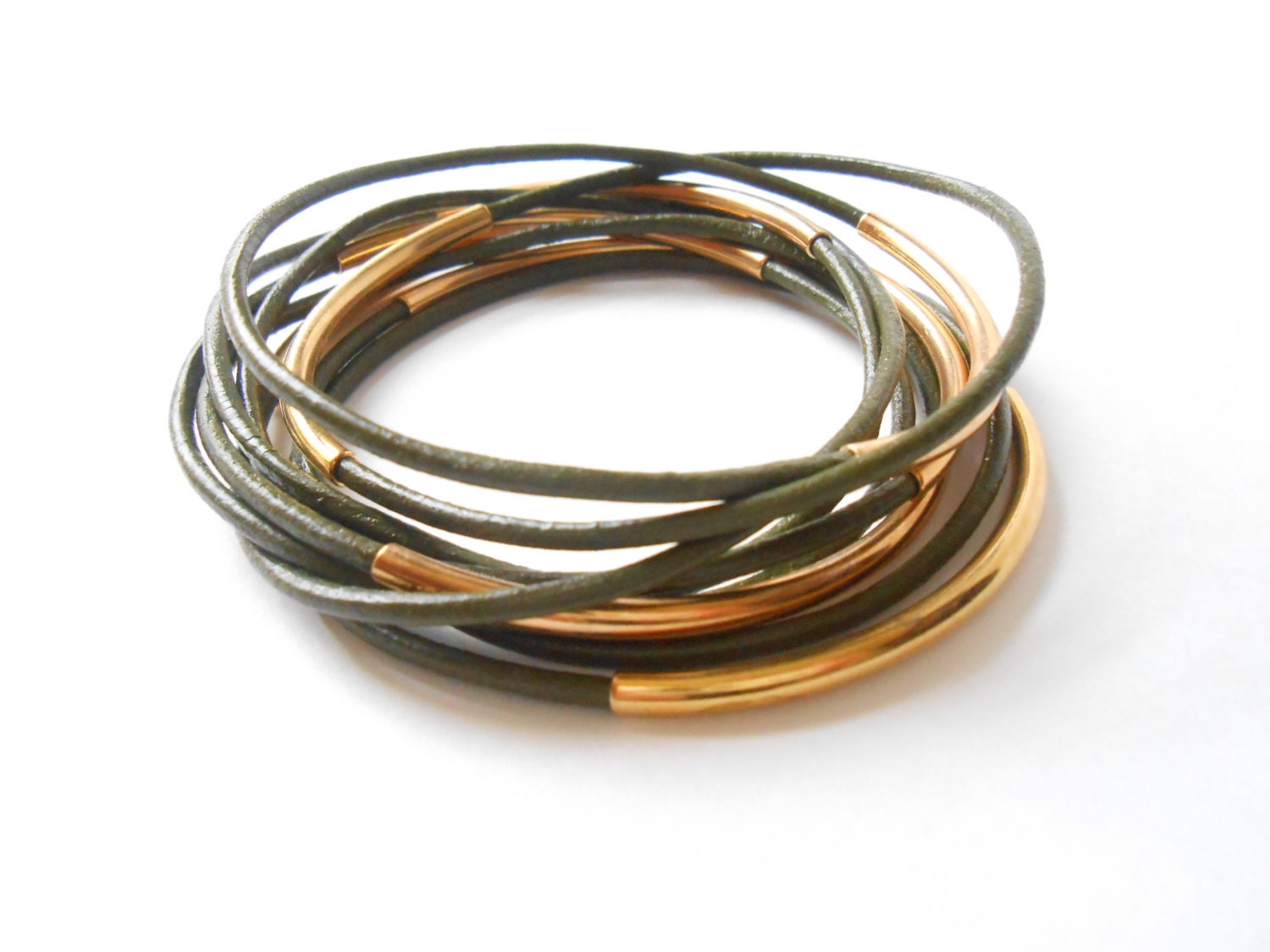 Leather Jewelry Bangle Stack bracelets with gold tube Leather bracelets Women's bracelet set of 8 Birthday gift for her Bracelets under 20