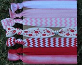 7 Pack Valentine's Day Lips Kiss Charm Red Pink Glitter Chevron Tie Dye Knot Hair Ties Stretch Fold Over Elastic PonyTail Holder Bracelet