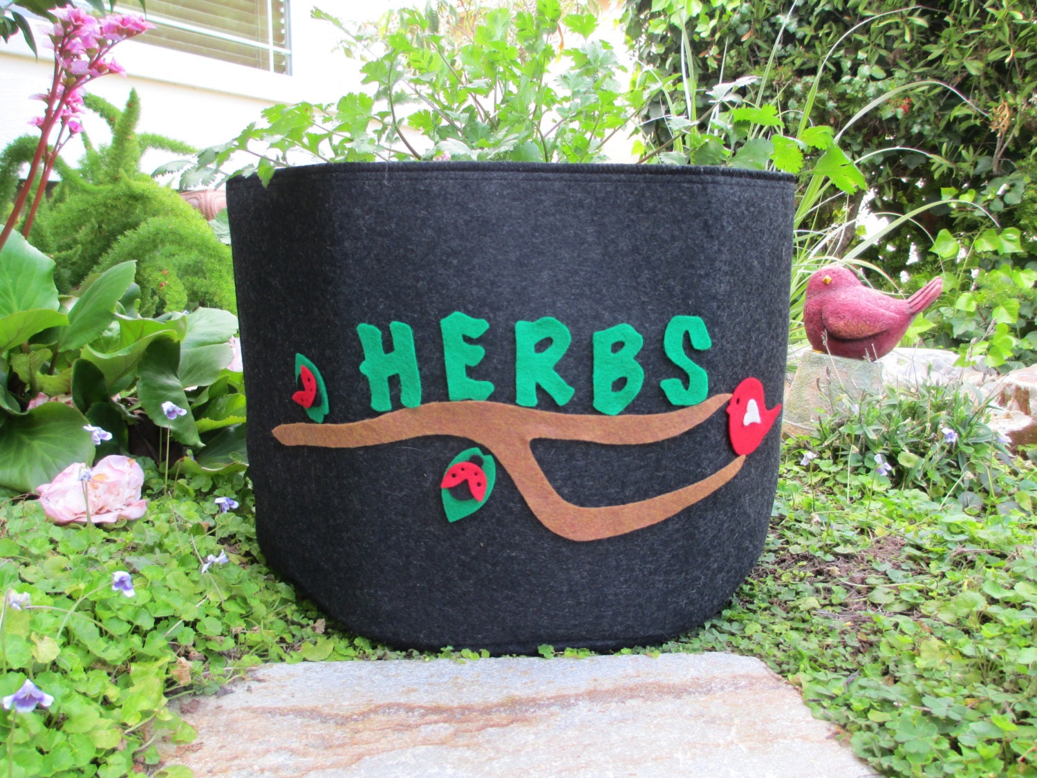 10 gal. Eco Felt Fabric Garden Herb Grow Pot Custom Decorated with Ladybugs on a Branch