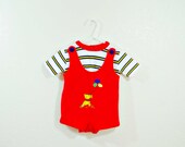 Vintage Baby Boy Knitted Pooh Bear Romper, size 9 months, red knitted romper, blue and yellow striped shirt, red collar - BugandBearVintage