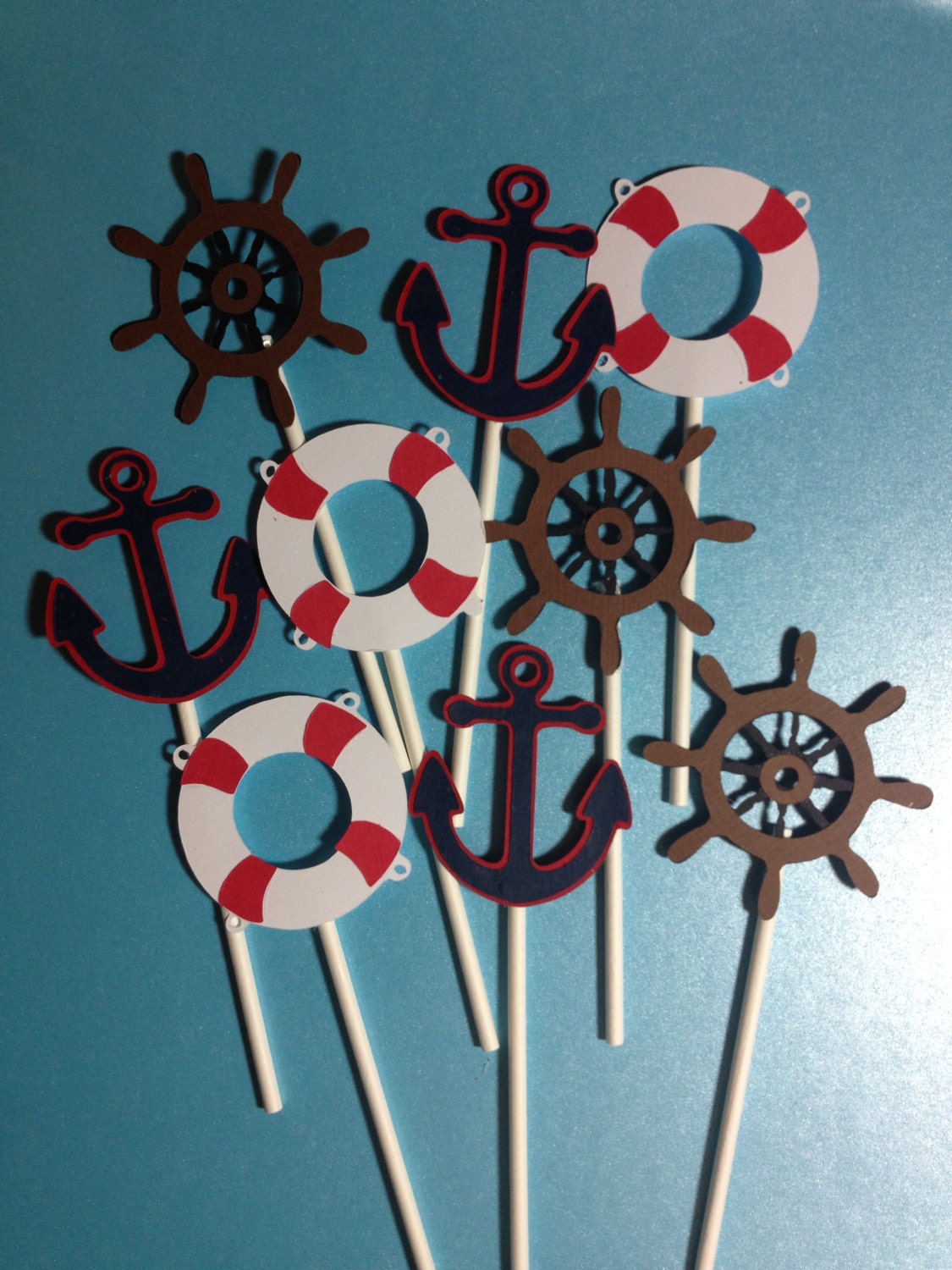 Set Of 12 Nautical Themed Party Cupcake Toppers, Nautical Bithday, Dinner Parties, Nautical Baby,Anchors,Helm,Life Preserver