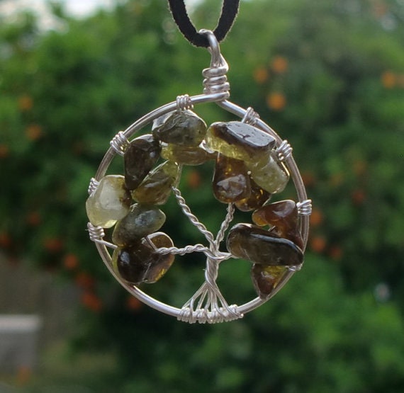 Silver Tree of Life Necklace Pendant - Green Garnet Tree - Sterling Silver Tree of Life - Wire Wrapped Tree