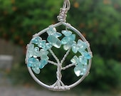 Blue Apatite Silver Tree of Life - Sterling Silver Tree of Life Necklace Pendant - Wire Wrapped Tree