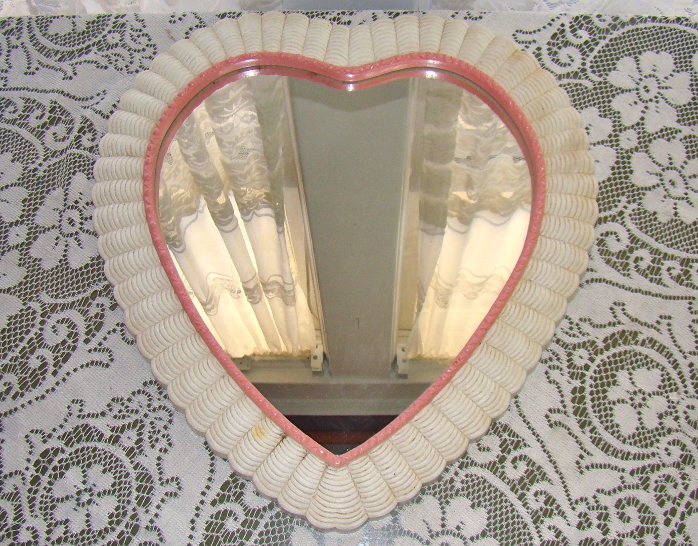 Vintage Cottage Heart Mirror with Faux Wicker and Pink Accent. Sweet Entryway, Girls' Room, Vanity, Bedroom Decor.
