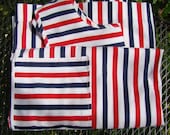 Vintage Striped Cotton Housedress. M-L. Smock. Short, Sleeveless Caftan. Red, White, and Blue Stripes with Oversized Pockets.